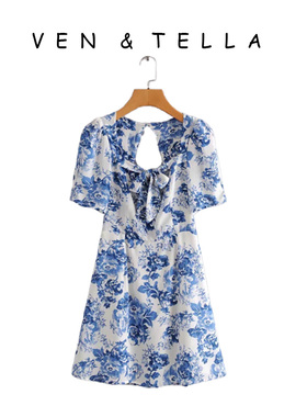 VEN&TELLA夏季欧美风~复古拼色方领蝴蝶结 修身露背 短连衣裙