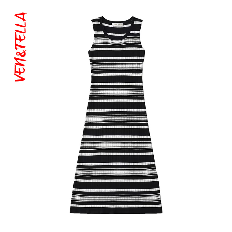 撞色条纹背心连衣裙女秋复古小个子气质修身显瘦针织无袖长裙子潮
