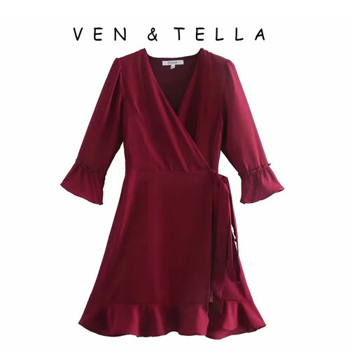 VEN&TELLA春夏欧美风~气质V领荷叶边裙摆系带束腰裹身连衣裙女