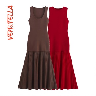 VEN&TELLA秋冬欧美风 针织拼接连衣裙4192153 气质简约无袖 修身