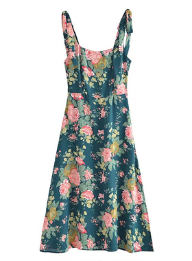 法式复古花朵印花性感侧开叉绑带背带连衣裙~VEN&TELLA秋冬欧美风