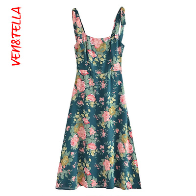 法式复古花朵印花性感侧开叉绑带背带连衣裙~VEN&TELLA秋冬欧美风