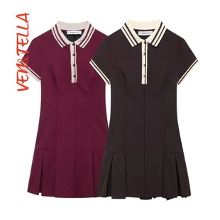 短袖 VEN&TELLA秋冬欧美风 撞色罗纹宽褶连衣裙2180226