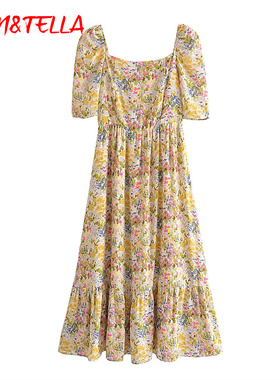 VEN&TELLA秋冬欧美风~法式复古田园水墨画印花显瘦收腰方领连衣裙