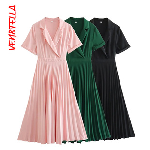 VEN&TELLA秋冬欧美风 连衣裙长裙休闲 法式 加色气质收腰百褶短袖