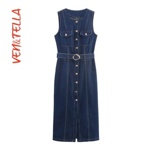 配腰带牛仔连衣裙7484070 VEN&TELLA秋冬欧美风