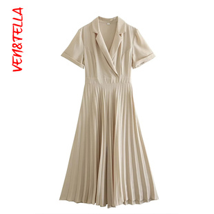 VEN&TELLA秋冬欧美风 连衣裙长裙 纯色西装 领气质收腰百褶拼接短袖