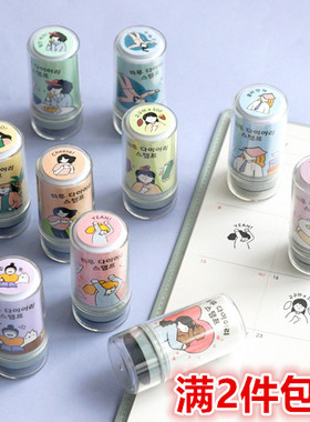 ICONIC韩国可爱猫咪女孩卡通黑色墨水印章手帐DIY装饰免印泥图章