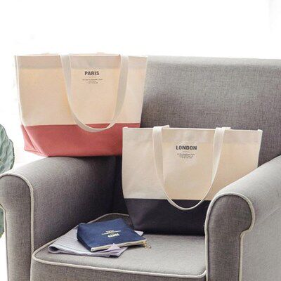 Funnymade 韩国甜美拼色帆布包女简洁百搭单肩包手拎购物袋环保袋