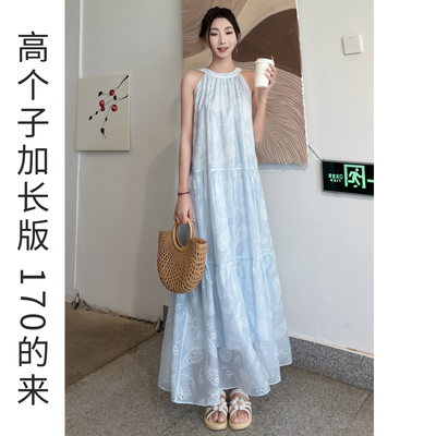 夏季无袖挂脖镂空长款连衣裙