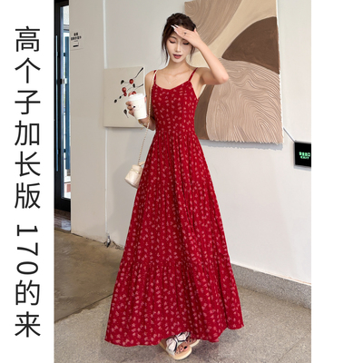 夏季红色吊带碎花加长连衣裙