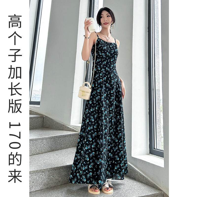 高个子加长版法式碎花吊带连衣裙