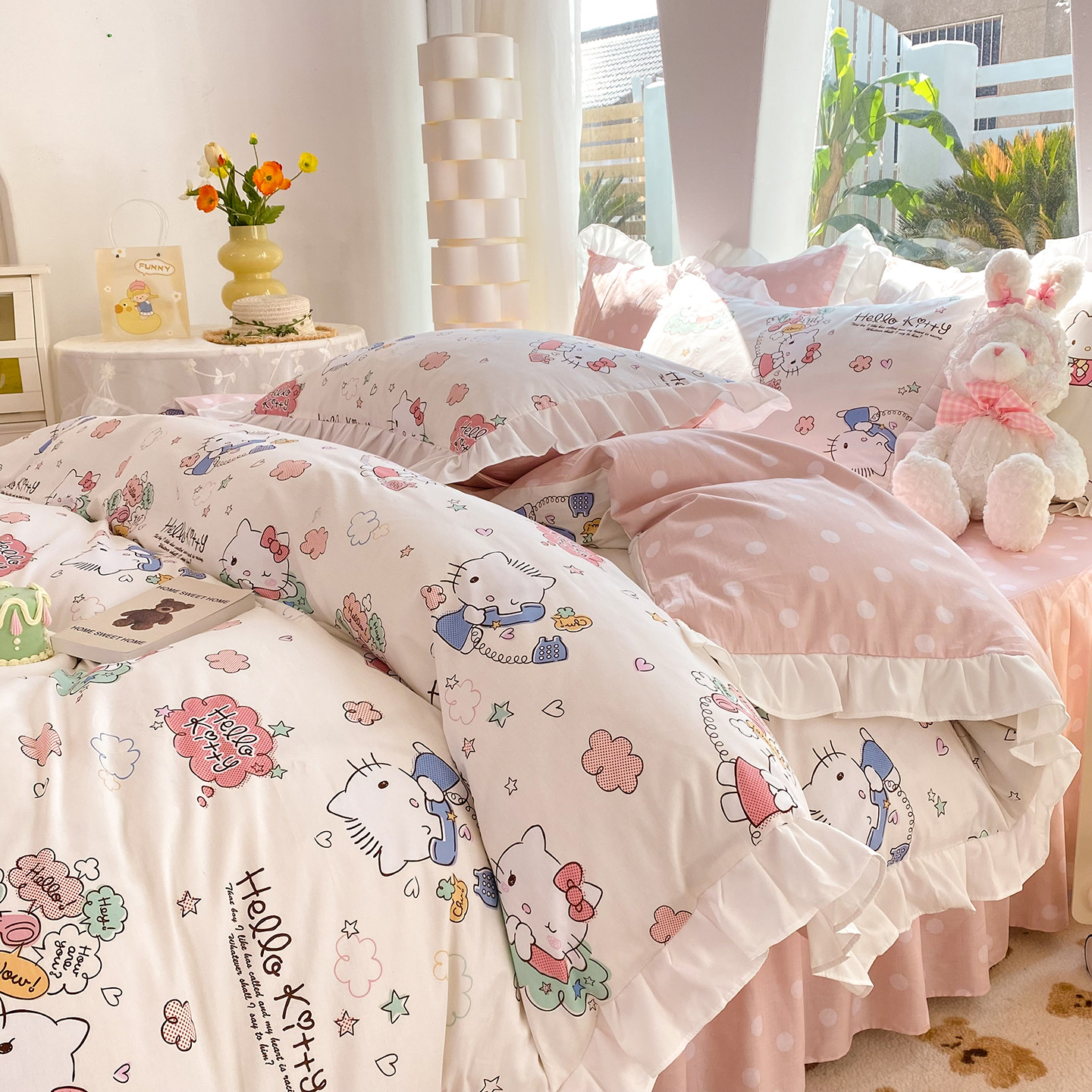 hellokitty全棉四件套纯棉凯蒂猫卡通床单被套花边可定制KT三件套