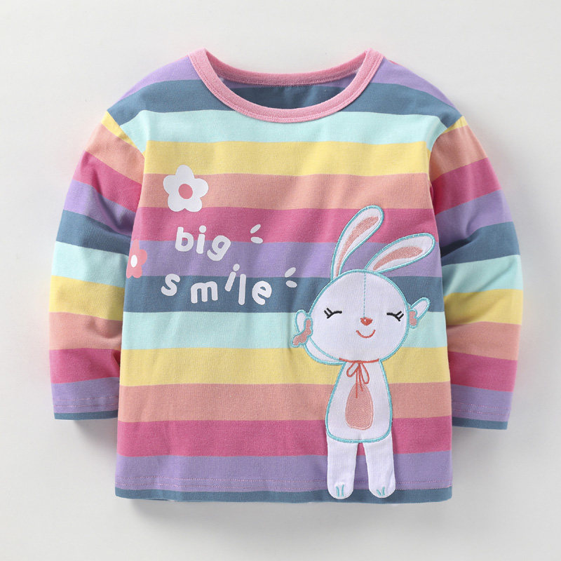 彩虹长袖套头体恤儿童秋1-9岁女童童装女宝宝卡通小兔子打底上衣T