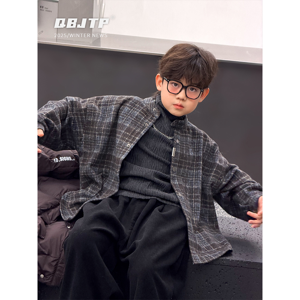 儿童格子衬衫男童冬款加厚衬衣