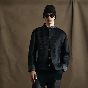 时着意大利风情暗纹提花羊毛绗缝时装 立领抗寒街头棉衣 夹克冬中式