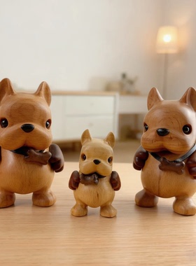 创意家居摆件法斗恶霸犬可爱用品桌面摆件办公装饰品实木狗狗公仔