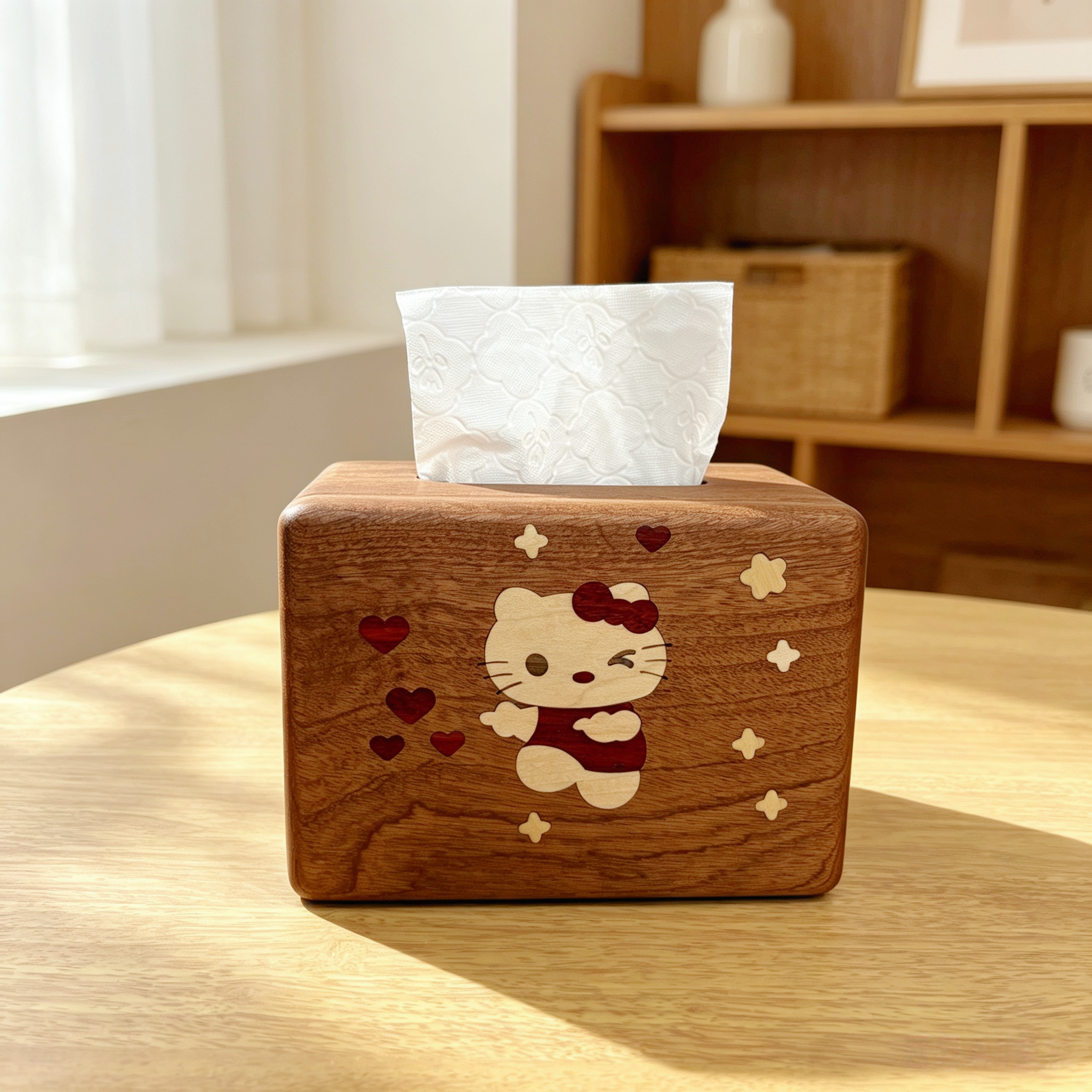 实木纸巾盒可爱凯蒂猫家用客厅收纳抽纸盒创意餐厅纸抽盒高颜值