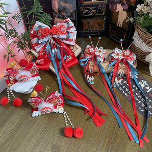 中国风舞狮蝴蝶结发饰发夹红色流苏珍珠女孩古风发夹儿童公主头饰