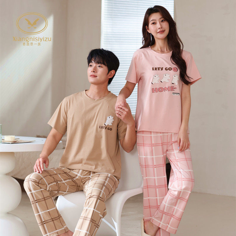 香旎思一族夏男女情侣二件套纯棉拉架短袖长裤舒适甜美卡通家居服