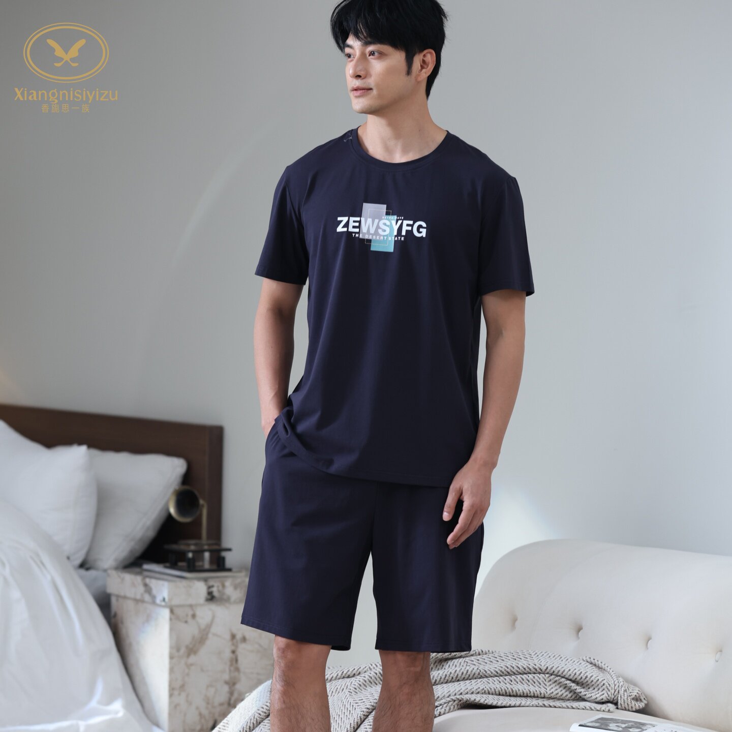 香旎思一族男夏季圆领套头纯棉拉架字母休闲在家穿短袖短裤家居服