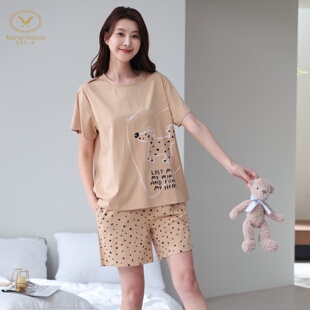 香旎思一族女士夏圆领套头纯棉莫代尔休闲舒适卡通套装 甜美家居服