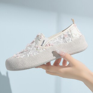 一脚蹬厚底懒人舒适单鞋 Tt&Mm 2026夏季 蕾丝花朵帆布鞋 汤姆斯女鞋