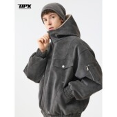 Mrakeai Kyyds MK美式 官方正品 拼接毛绒连帽PU皮棉衣男款 宽松立体