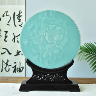 涵青堂龙泉窑牡丹青瓷回纹玉璧挂盘摆件大号中式陶瓷艺术客厅装饰