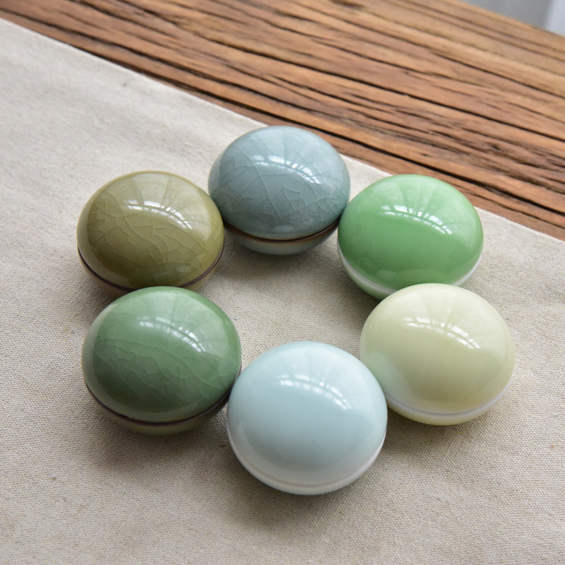 涵青堂龙泉青瓷迷你印泥缸创意陶瓷胭脂盒粉盒高盖便携印泥盒空盒