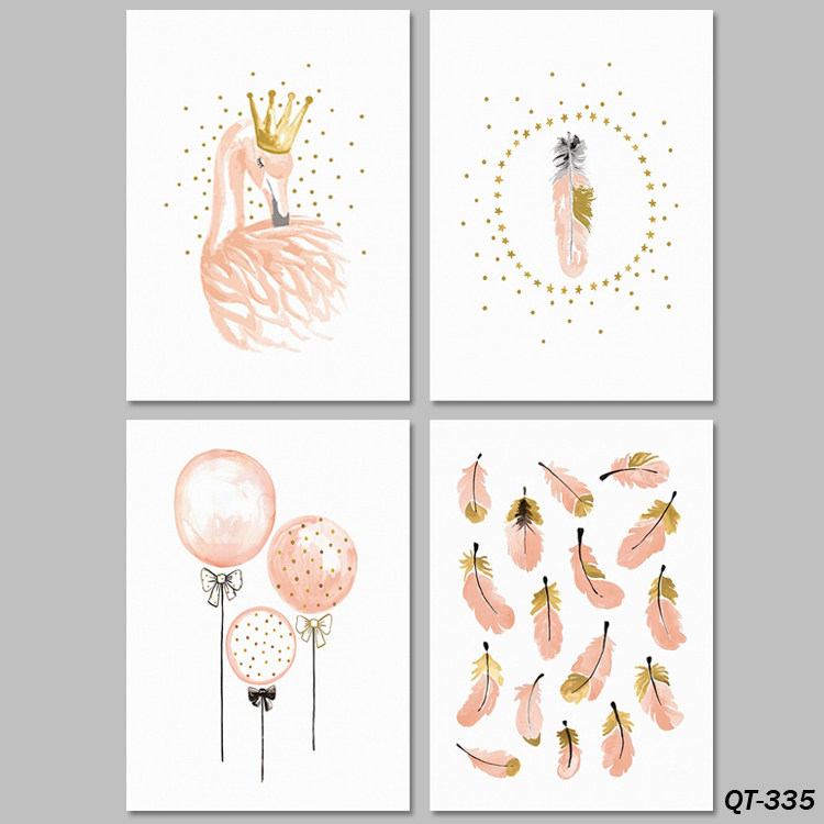 北欧风格粉色少女心卡通可爱动物火烈鸟气球装饰画芯画布微喷画心