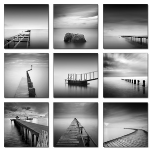 北欧黑白灰画心风景海边栈桥海水冷色调装饰画画芯画布艺术微喷