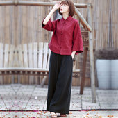 女装 女春2026新款 中国风秋冬款 棉麻阔腿裤 中国红结婚衣服 套装 中式