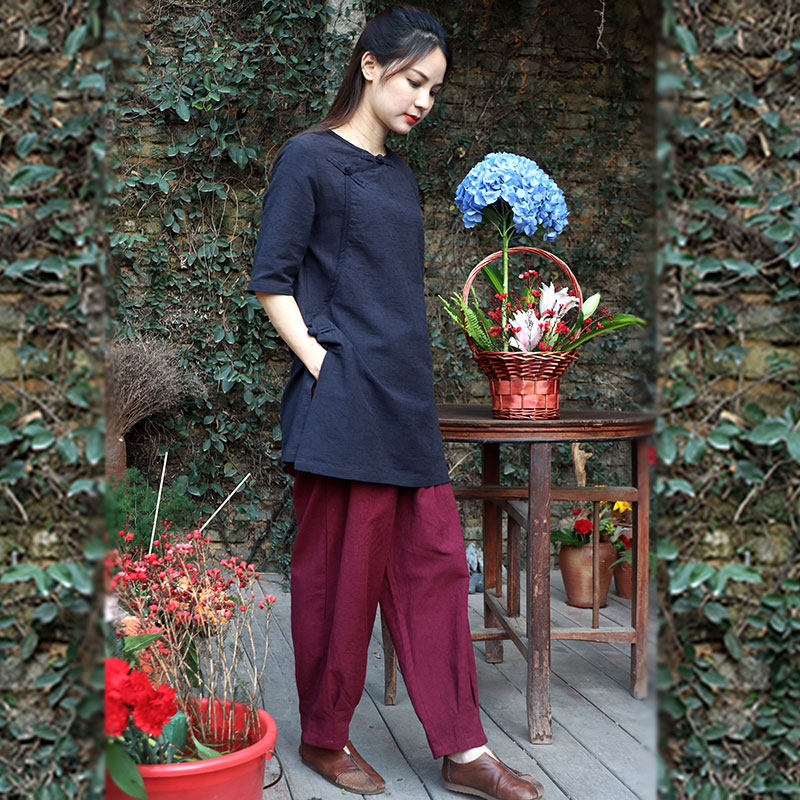棉麻文艺范原创亚麻苎麻品牌中式女装中国风高端套装女遮肚子茶服