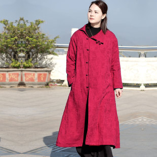 【苇素禅服】中式风立领盘扣长款加绒加厚棉麻大衣女国风秋冬外套