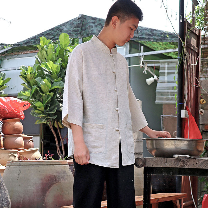新中式上衣唐装男款 禅意棉麻衬衫男短袖 中国风佛系禅服亚麻衬衣