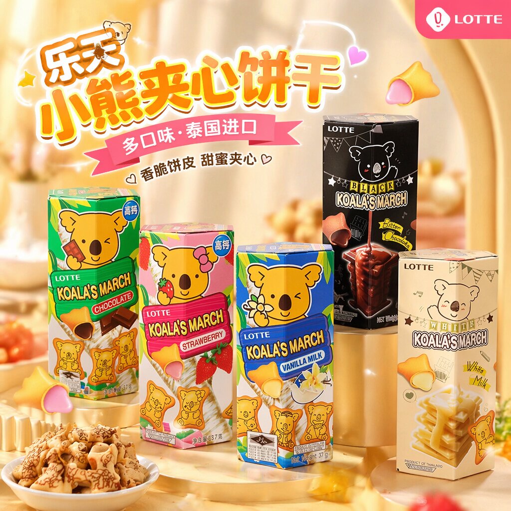 泰国进口乐天小熊饼干夹心巧克力牛奶注心熊仔饼休闲食品零食小吃