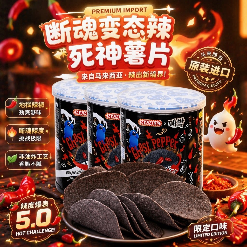 马来西亚MAMEE 妈咪鬼椒薯片变态辣特辣爆辣进口膨化食品零食罐装