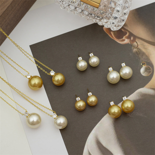 【温暖经典戴妃】S925 人造南洋金珠/干枯玫瑰 耳钉/项链套件