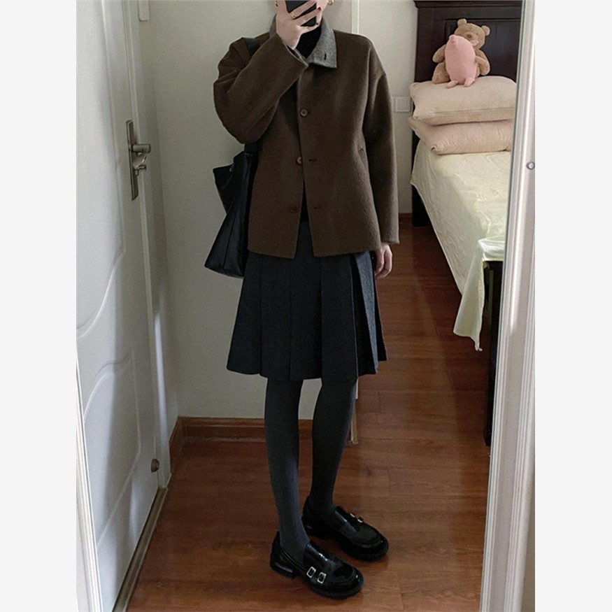 灰色毛呢中裙百褶半身裙大码女秋半身裙