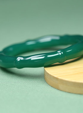 纯天然玛瑙阳绿竹节粗圆条手镯女