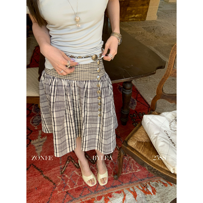 ZONEE/LEA宋亦雯 时髦打字员 设计感法式复古时髦格纹拼接半身裙