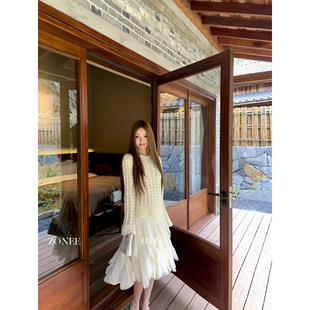 LEA宋亦雯 ZONEE 26新品 气质时髦100棉套头镂空针织上衣女