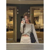 LEA宋亦雯 早坂紫小姐 法式 ZONEE 设计感天丝条纹t恤长袖 上衣女