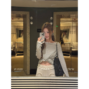 设计感天丝条纹t恤长袖 ZONEE 法式 早坂紫小姐 上衣女 LEA宋亦雯
