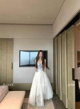 ZONEE/LEA宋亦雯 白月光 法式度假感抹胸吊带网纱拼接连衣裙女夏