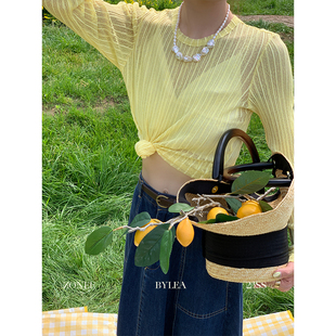 休闲精致感黄色条纹针织薄透防晒上衣 法式 Lea宋亦雯 多彩里斯本