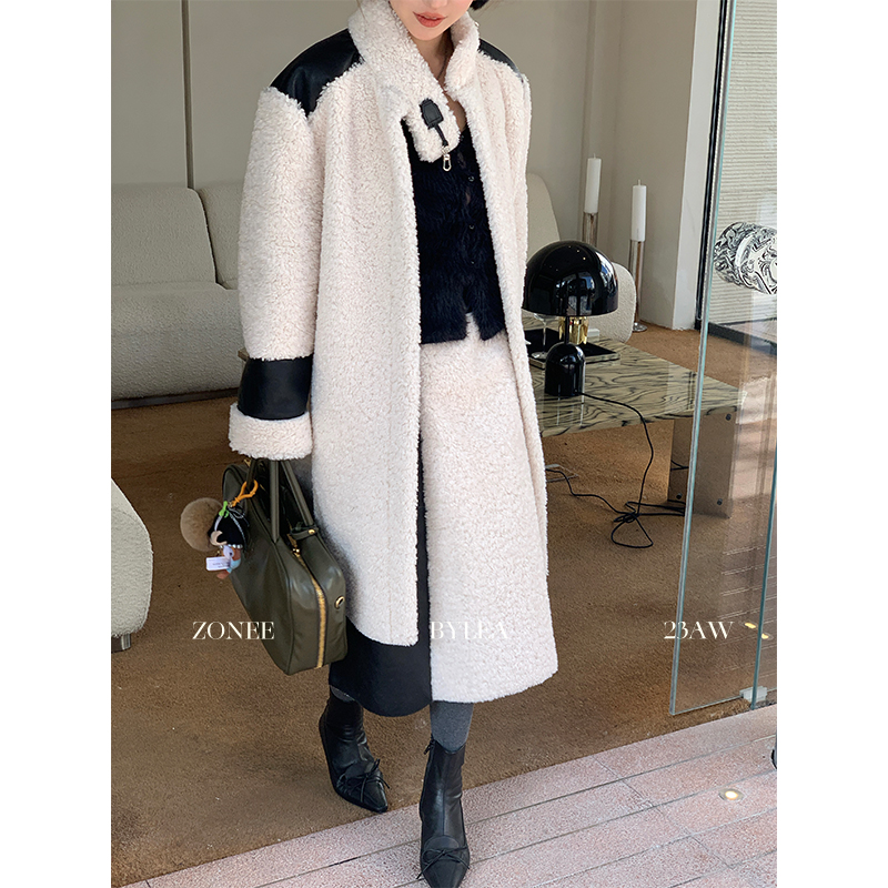 ZONEE 纽约暴风雪 法式复古摩登感羔毛拼皮立领大衣外套半裙套装