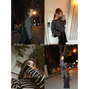 法式 理想日 100羊毛条纹一字领针织套头毛衣女 LEA宋亦雯 ZONEE