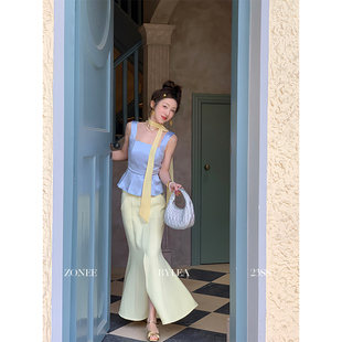 浅蓝醋酸方领宽肩上衣 Lea宋亦雯 法式 油画家 鹅黄领带 浪漫主义